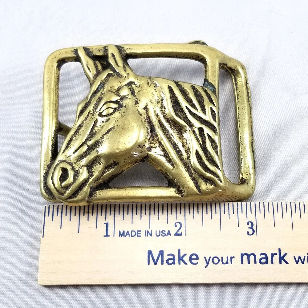 Belt Buckle Solid Brass Horse Head Riding Cowboy Western‎ Gold Color Gift